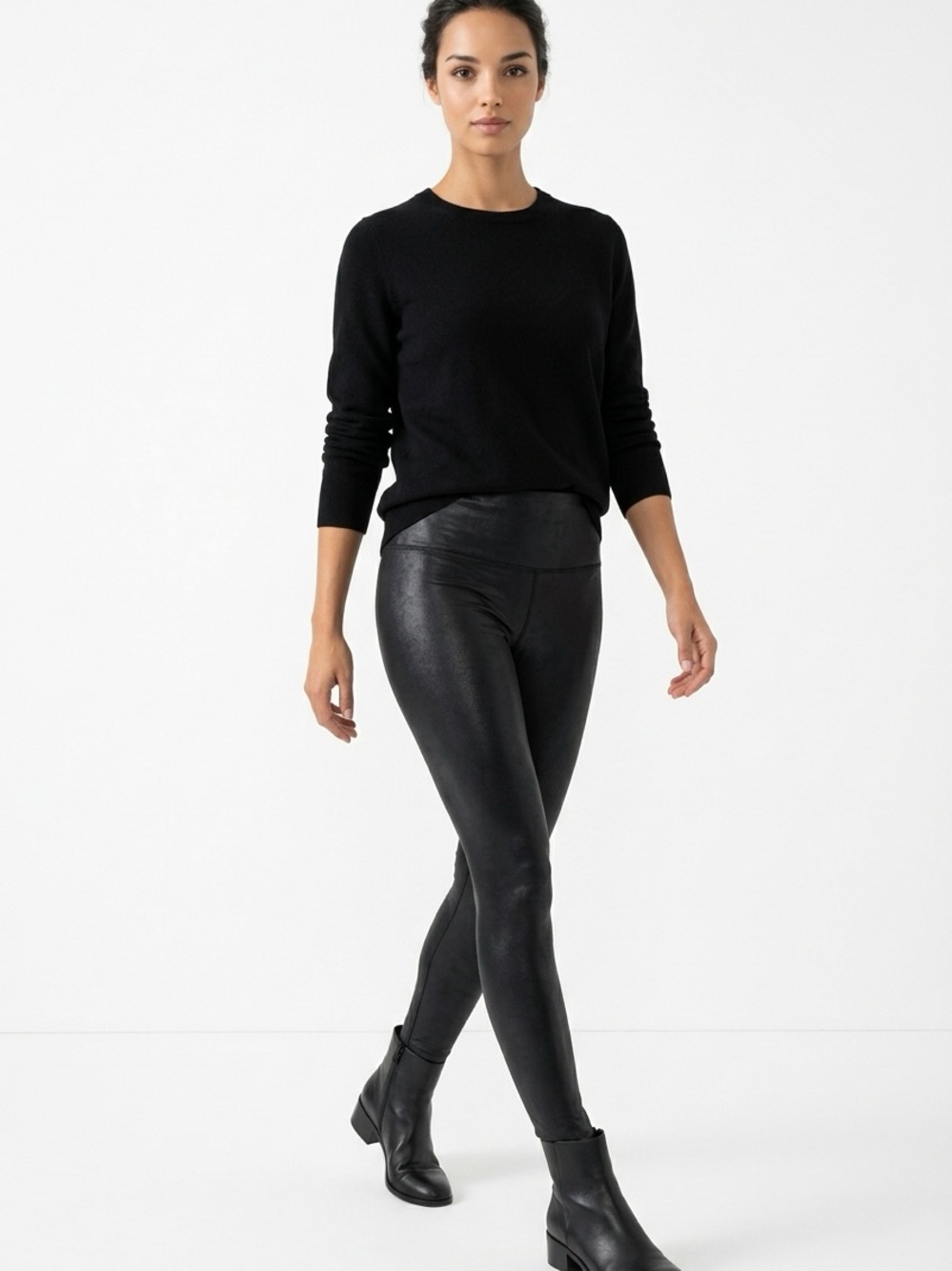 SPANX Retro Disco Black Faux-Leather High-Waist Stretch Women L Fitted Leggings
